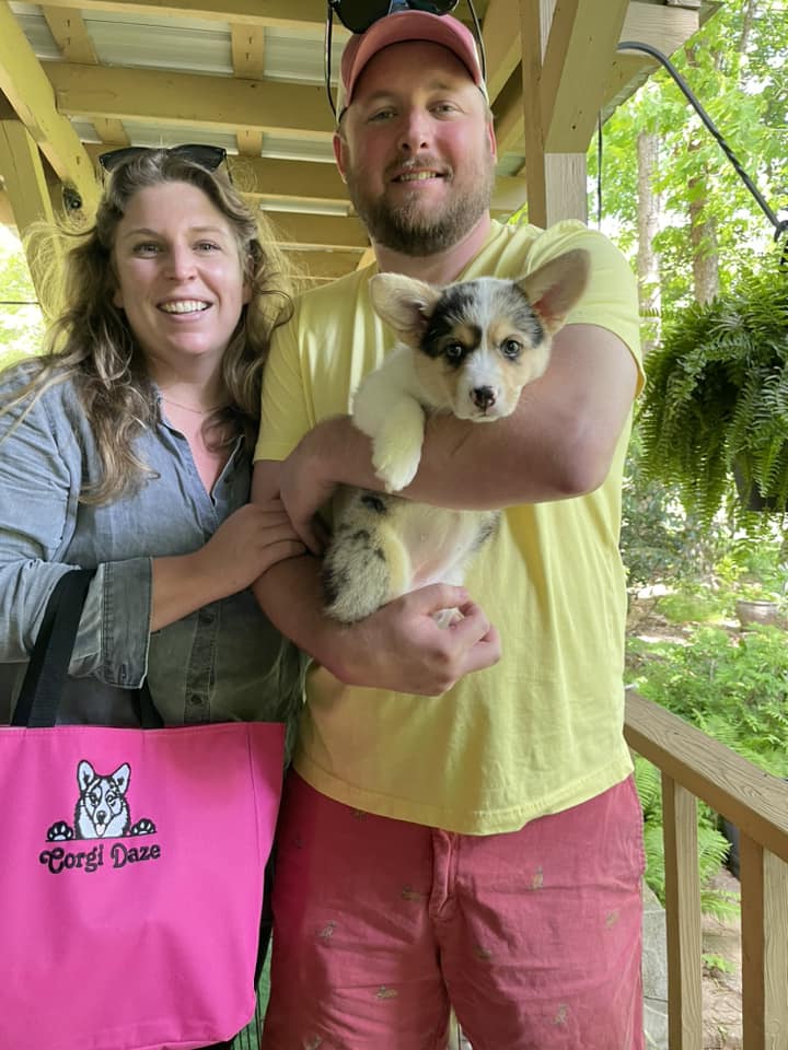 Happy family with new female tri-color pembroke welsh corgi puppy in NC